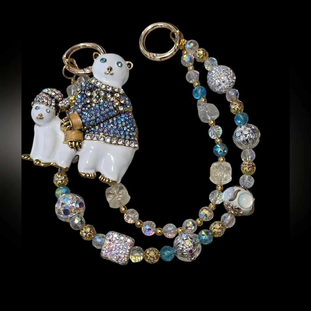 Crystal Polar Bear Keychain with Beaded Bag Charm
